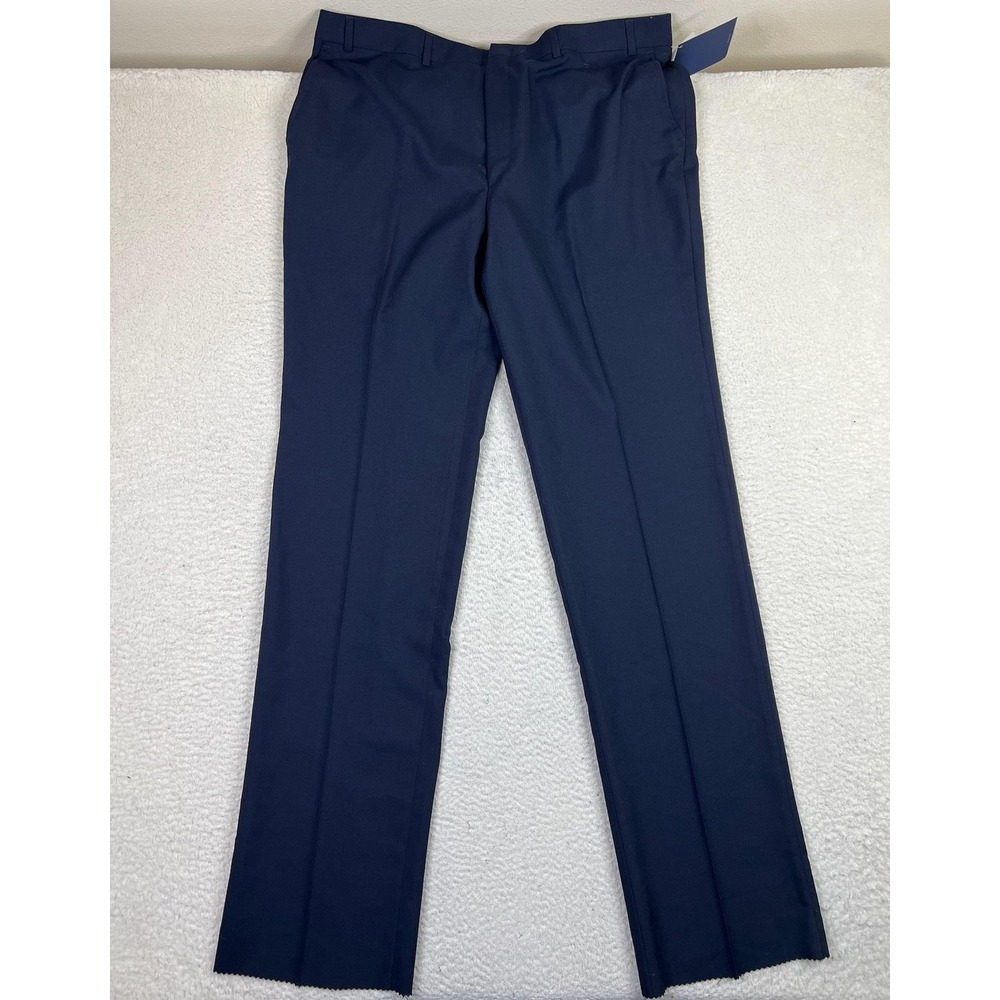 Stafford Comfort Fit Pants Mens 40 Navy‎ Wool Blend Tailored Trousers Unhemmed